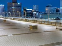 people standing on a subway platform with many buildings in the background at night light in tokyo