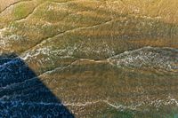 an aerial view of a beach and water and sand with waves on the shore of the ocean