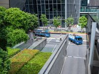 the view of a street from inside the building towards another street with an abundance of trees