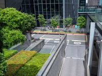 the view of a street from inside the building towards another street with an abundance of trees