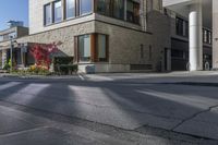 this is an image of a large building on a street corner in the city, with plants growing near it