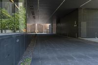 this walkway has a walkway that is surrounded by tall buildings and trees it leads to an atrium