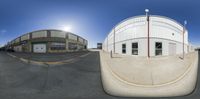 an image of a 360 - turn view outside of a building with a street in front and another side