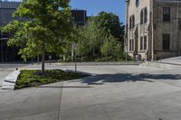 a sidewalk in front of a building with several benches and plants in the middle of it