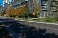 a sidewalk in front of a street with trees in the middle of it and many windows