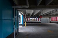 a car park parking lot with a covered parking space and yellow lines for walking under