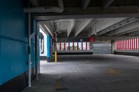 a car park parking lot with a covered parking space and yellow lines for walking under