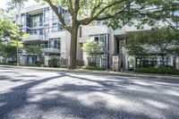 an empty street lined with trees next to a building in the middle of the day