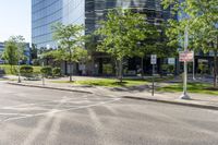 a small paved city street with large office buildings in the background and a few trees growing on the median