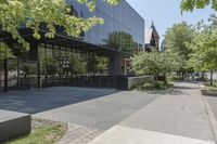 the sidewalk leading to an office building and sidewalk with bushes on either side and trees in the background