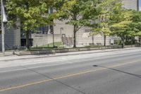 a street view with parking meters and trees in front of the building by the road