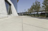 the sidewalk is lined with planter boxes, shrubs and walkways in front of the building