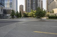 an empty, bricked road with lots of tall buildings and trees on the other side