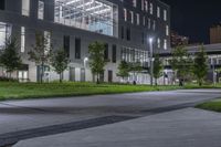 a city sidewalk has grass around it and illuminated trees on either side of it as well