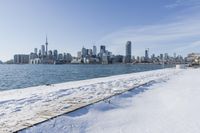 a snowy beach and the city skyline in the background in toronto, ontario canada, as seen from the frozen lakefront