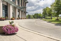 this city street looks like a deserted country side town center with many plants and flowers