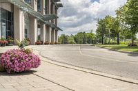 this city street looks like a deserted country side town center with many plants and flowers
