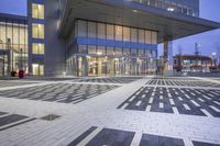 a modern building with glass doors and windows on it's exterior, as well as a black and white geometric pattern