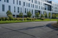 a city street surrounded by grass and tall buildings at the end of a street there is a paved pathway in front of the building