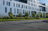 a city street surrounded by grass and tall buildings at the end of a street there is a paved pathway in front of the building