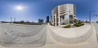 two different pictures with buildings and a road in the background in a 360 - view lens