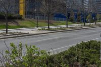 there is a street with grass and trees on both sides of it and a blue building in the background