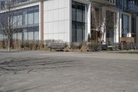 a brick paved area with buildings in the background and one fire hydrant in front