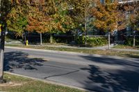 a city street with a fire hydrant on the side of it near trees and buildings