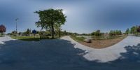 a circular panorama photo of a park and street lights and trees in the sun, taken from the inside