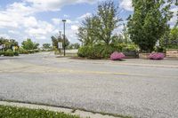 a park bench is placed at the end of the street between two trees and bushes