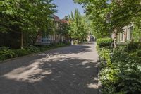 a paved street is lined with green trees on either side of a sidewalk where two buildings are