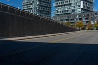 a sidewalk with two buildings on the other side of it that is empty and not in use