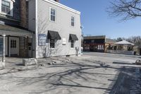 a sidewalk is in the middle of a street with a store and a dog walking near the doorway