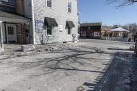 a sidewalk is in the middle of a street with a store and a dog walking near the doorway