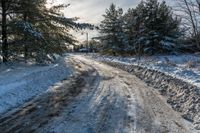 a snow covered country road going around some pine trees in the woods near a house