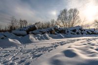 a fire hydrant covered in snow near several rocks and trees under a blue cloudy sky