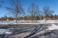 the intersection of the road in a public park with no cars on it, and a yellow fire hydrant at the end