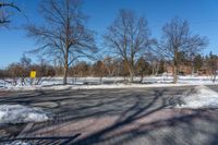 the intersection of the road in a public park with no cars on it, and a yellow fire hydrant at the end