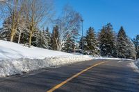 a road with some snow on it, and trees in the background with a yellow line in the middle