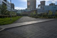 a walkway leading to some buildings and grass near some trees in the foreground and a building that is in the background