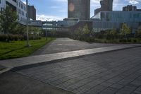 a walkway leading to some buildings and grass near some trees in the foreground and a building that is in the background