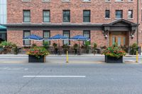 some tables with blue umbrellas and flower pots with flowers on them and yellow poles