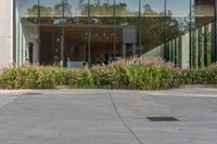 an empty building with glass windows with flower bed and potted plants in front of it