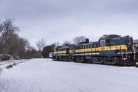 an empty train sitting on tracks with snow and trees in the background and cloudy skies