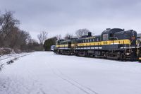 an empty train sitting on tracks with snow and trees in the background and cloudy skies