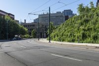 a street scene with focus on the road, trees and bushes, with buildings in the background