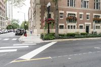 a town intersection with buildings, trees and white lines on the street with a red fire hydrant