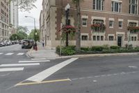 a town intersection with buildings, trees and white lines on the street with a red fire hydrant