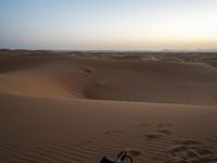 tracks are seen in the sand as the sun sets in the background and mountains appear in the distance