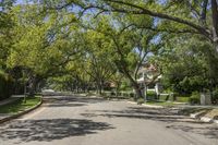 a tree lined street with houses and lush greenery surrounding it in a suburban neighborhood